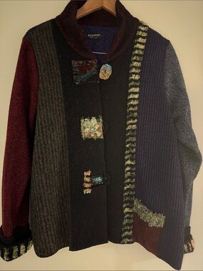 Bohemian Patchwork Cardigan Sweater in Burgundy, Navy and Black